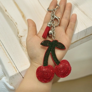 Rhinestone Cherry Keychain Sparkling Zinc Alloy Fruit Bag Charm With Tassel And Bell For Women Fashion Accessory
