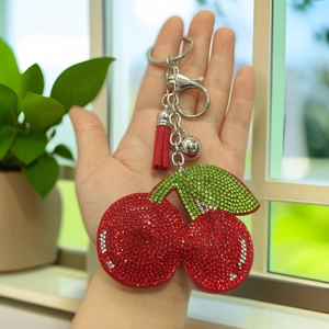 Sparkling cherry rhinestone car pendant with red tassel and silver keyring charm