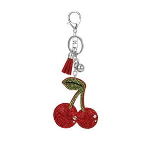 Sparkling cherry rhinestone keychain with red leather tassel and silver lobster clasp accessory