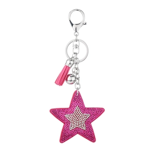 Porte-clés étoile rose brillant avec pompon en cuir et ornements en strass chic