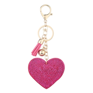 Creative rose red heart keychain with sparkling rhinestones, leather tassel and gold ring
