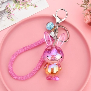 Cute gradient rabbit keychain with glitter acrylic and pink rhinestone lanyard