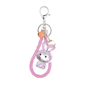Faceted acrylic crystal rabbit keychain with pink rhinestone rope and orange bell