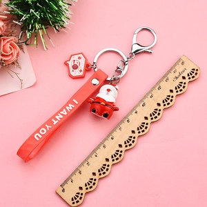 Detail of Christmas snowman keychain with red lanyard, camera charm and santa figurine