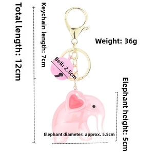 Pink jelly elephant keychain with bell showing detailed dimensions and measurement specifications