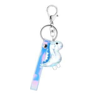 Cute blue acrylic dinosaur keychain with colorful laser strap and silver metal ring