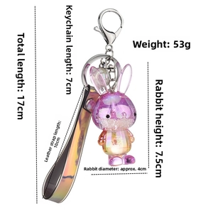 Detail view of colorful acrylic rabbit keychain with glitter and dimensions metadata