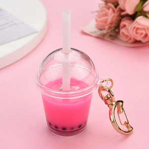 Creative pink bubble tea keychain with mini pearl cup and gold metal moon clasp charm