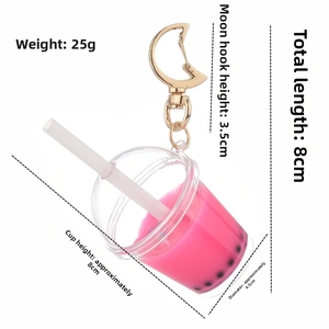 Detailed dimensions of pink bubble tea keychain with golden moon-shaped clasp