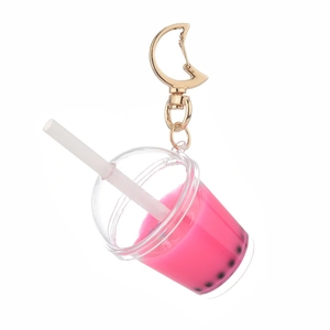Pink pearl milk tea keychain with creative golden moon clasp and acrylic cup charm