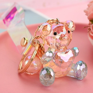 Macro detail of faceted colorful bear keychain with aurora finish and gold ring