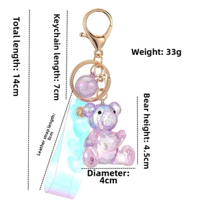 Detail of faceted colorful bear keychain with laser wrist strap and dimensions