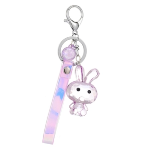 Cute purple acrylic faceted bunny keychain with holographic strap and silver clip