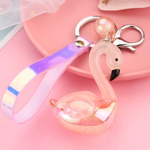 Detail of pink translucent swan keychain with iridescent wrist strap and silver metal ring