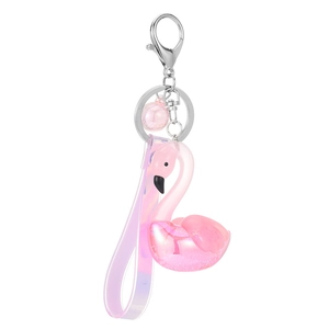 Pink flamingo acrylic keychain with iridescent leather strap and silver metal clasp
