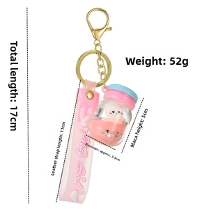 Detailed size specifications for pink cat acrylic liquid shaker keychain with star glitters