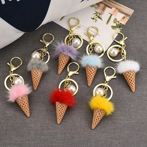 Porte-clés pompon glace mignons avec perles pour décoration de sacs de filles