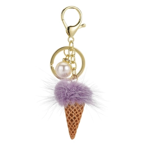 Porte-clés cornet de glace en fausse fourrure violette avec perle et fermoir doré