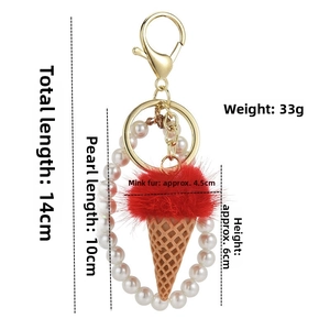 Detail view of 14cm mink fur ice cream keychain with dimensions and pearl chain details