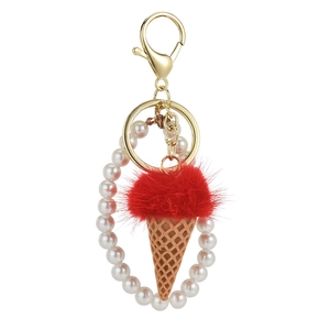 Cute ice cream keychain with red faux fur pompom, pearls and golden lobster clasp