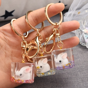 Cute White Rabbit Resin Cube Keychain Transparent Bunny Bag Pendant With Gold Glitter For Women Girls