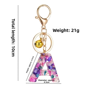 Detailed size specifications for resin letter A keychain with colorful shell filling