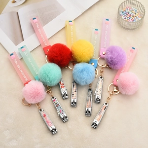 Colorful plush ball nail clipper keychain set with silicone wrist strap and patterns