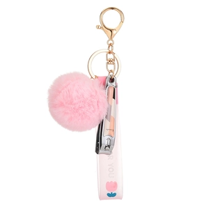 Pink plush ball keychain with metal nail clippers and a floral for you strap accessory