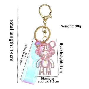 Macro view of iridescent pink bear keychain showing detailed dimensions and laser finish