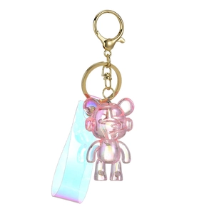 Colorful acrylic crystal bear keychain with pink gradient strap and golden clasp