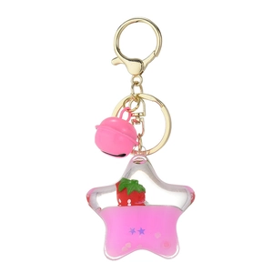 Pink strawberry liquid quicksand star keychain with golden metal ring and bell
