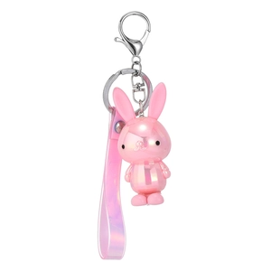 Cartoon iridescent pink bunny keychain with metal lobster clasp and matching hand strap