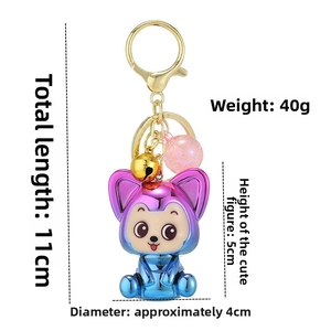 Detail view of a gradient acrylic fox keychain with gold bell and lobster clasp specs