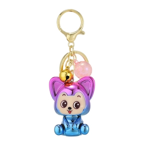 Gradient electroplated fox bear keychain with golden bell and pink glitter ball charm