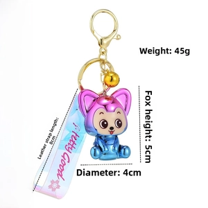 Detail of pink-blue gradient fox keychain with golden hook and rainbow strap showing size info