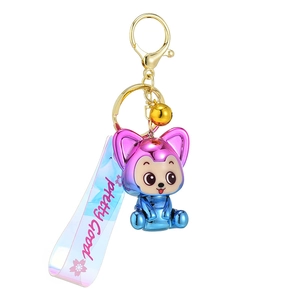 Cute gradient fox keychain with purple blue metallic finish and holographic wrist strap