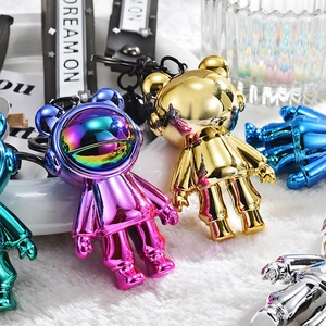 Space astronaut electroplated bear keychain with woven strap and metallic finish