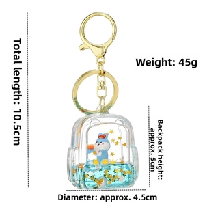 Blue mini backpack keychain detail showing floating liquid and cartoon rabbit inside