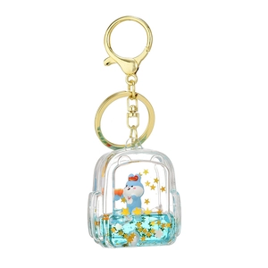 Cute rabbit mini backpack liquid keychain with blue fluid and golden star sequins