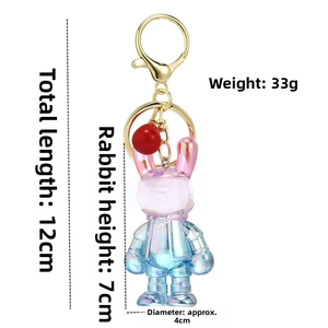 Detail showing colorful gradient rabbit keychain with golden metal hook and dimensions