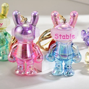 Holographic Space Rabbit Keychain Iridescent Acrylic Astronaut Pendant With Metal Ring And Red Artificial Pearl For Backpack Keys