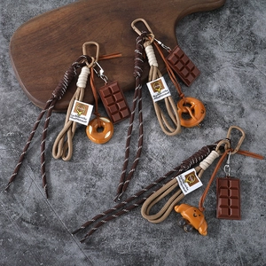 Food Shaped Keychain Braided Rope Bag Charm Resin Pretzel Croissant Chocolate Pendant For Women Girls
