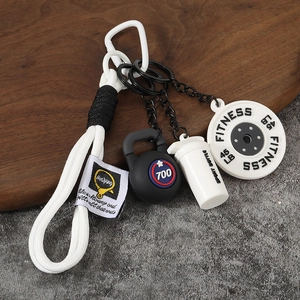 Porte-clés fitness avec mini haltère et kettlebell sur cordon tressé blanc pour sport