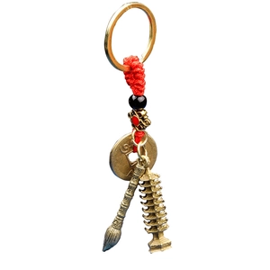 Traditional brass Wenchang Pagoda keychain with coin and brush charms for students