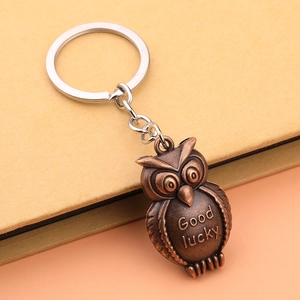 Dettaglio portachiavi a civetta in bronzo con incisione Good Lucky e lega vintage