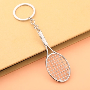 Silver tennis racket keychain with realistic grid texture and non-slip handle grip