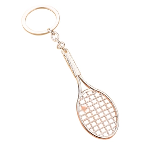 Golden tennis racket keychain pendant with detailed mesh and metallic ring