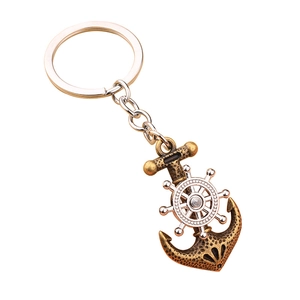 Retro nautical anchor and rotating ship wheel keychain in bronze and silver finish