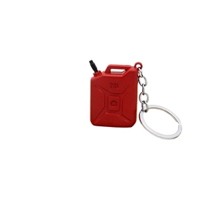 Miniature red 20L Jerry Can keychain with silver metal ring on white background