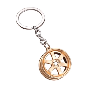 Creative 3D gold car wheel hub keychain with polished silver metal link chain and ring